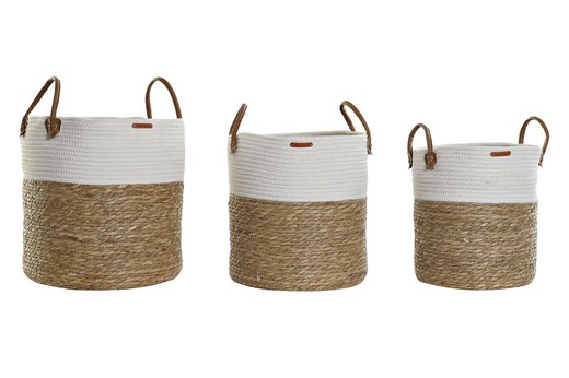 Set de 3 cestas grandes de fibra natural y algodón