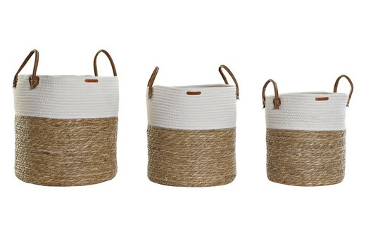 Conjunto de 3 cestos grandes em fibra natural e algodão