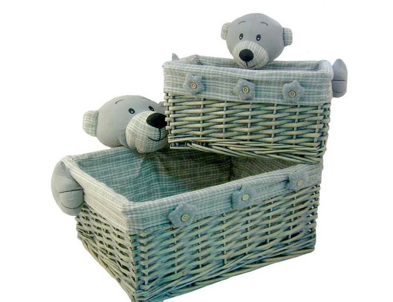 Pack de 2 cestos color gris infantil de mimbre con osos